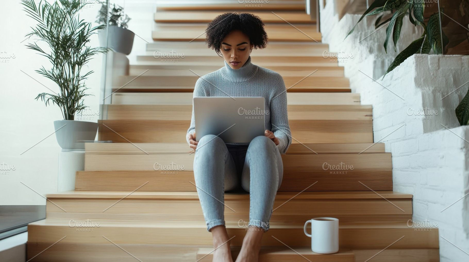 Woman on stairs with laptop, a Photo by Beautiful things