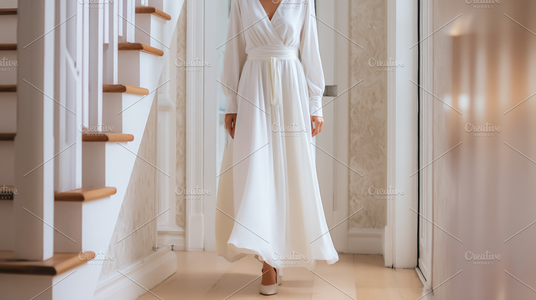Bride walking in white wrap dress along a domestic hallway, cele, a Photo by Studio ANNA