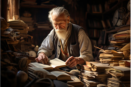 Elderly scholar writing in a rustic, a School & Education Photo by Ylivdesign