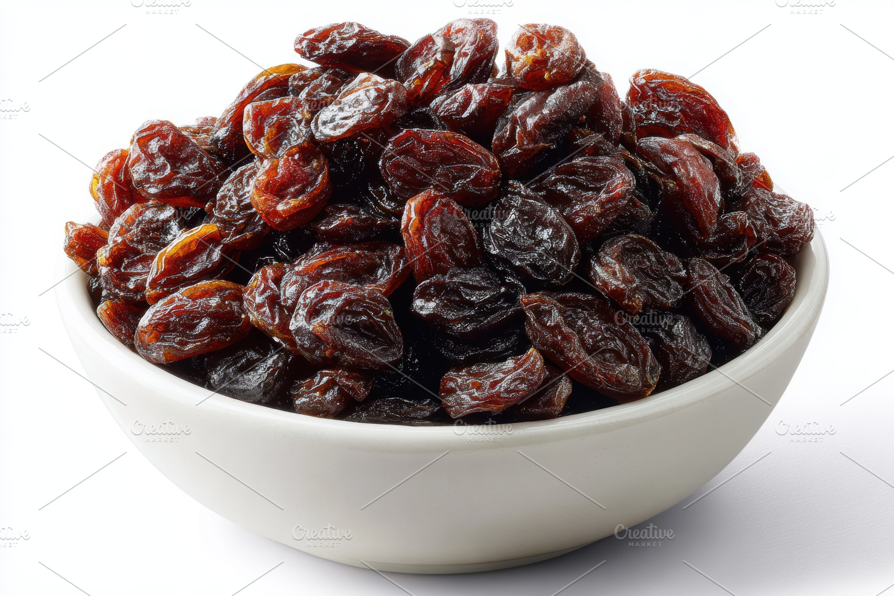 Dark raisins in a white bowl healthy, a Photo by Pixeness Studio