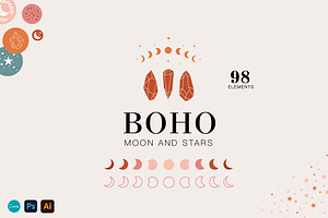 Boho moon & stars Illustrations set