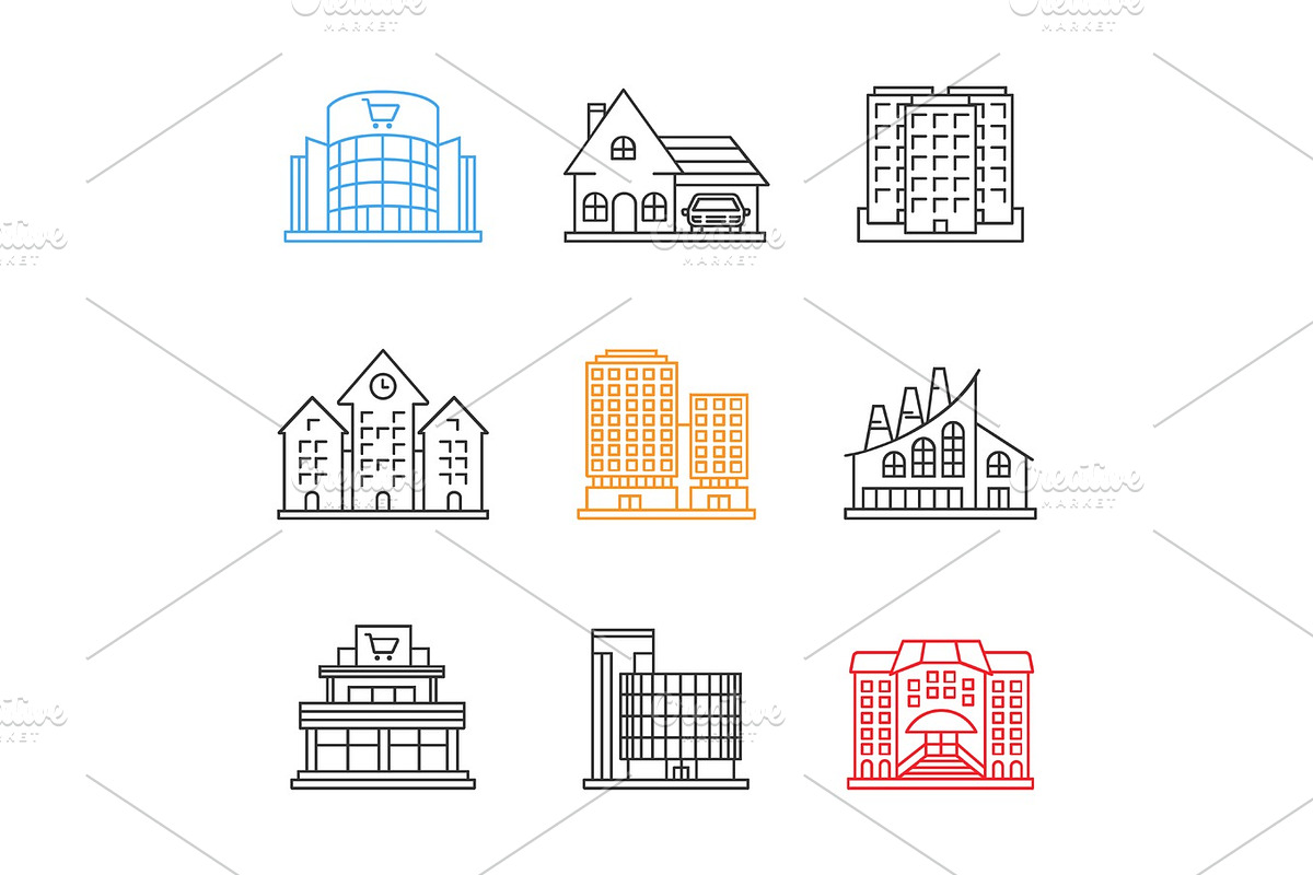 City buildings linear icons set, an Outline Icon by IMG Visuals