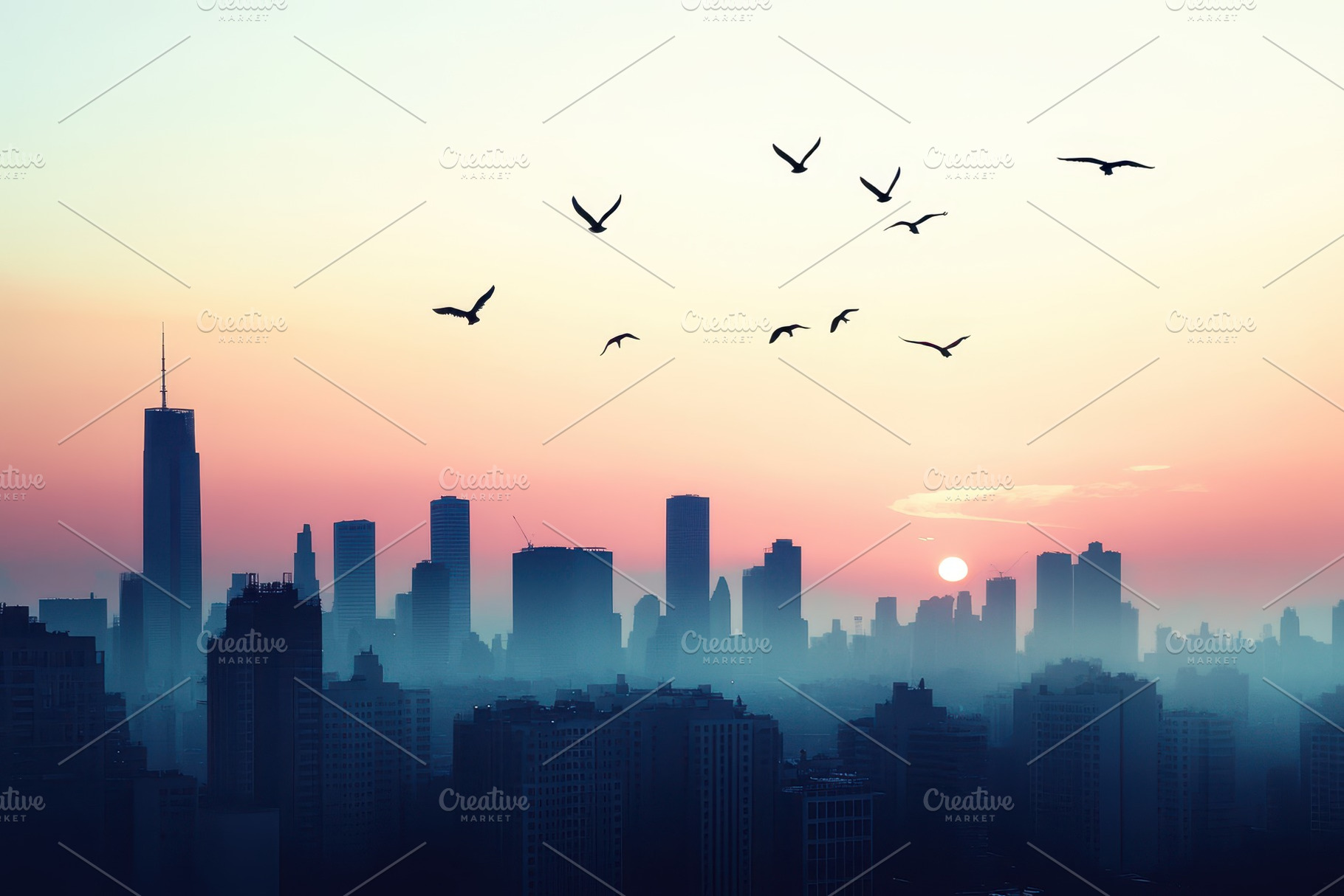 City skyline at dusk with flying, a Photo by Pavel_design