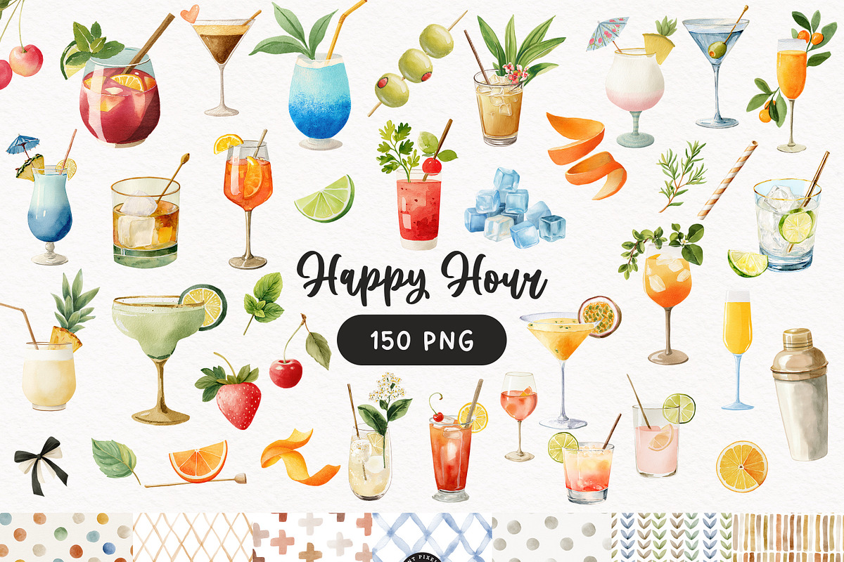 Happy Hour Cocktail Drinks Set, a Decorative Illustration by PaintPixelCo (Photo 1 of 14)