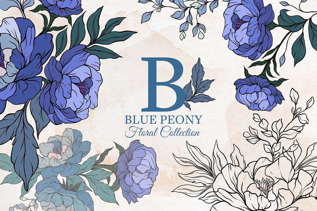 Blue Peony Flowers Set, a Decorative Illustration by Papatongartist (Photo 1 of 6)