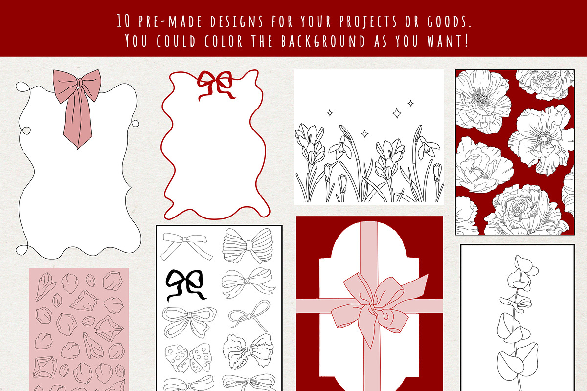 Flowers and Bows graphic line art, a Decorative Illustration by Nataly_is_Drawing (Photo 9 of 11)