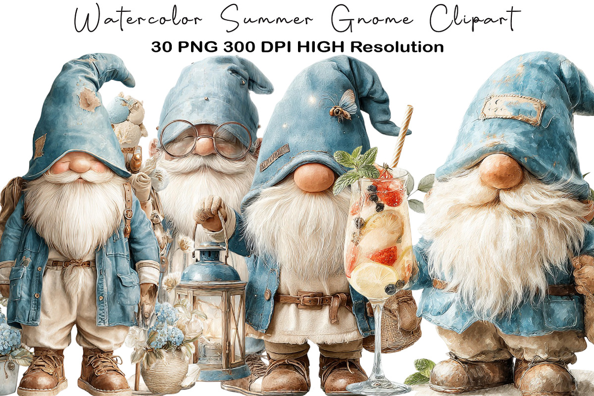Watercolor Summer Gnome Clipart, an Illustration by Black Bird Studio (Photo 1 of 5)