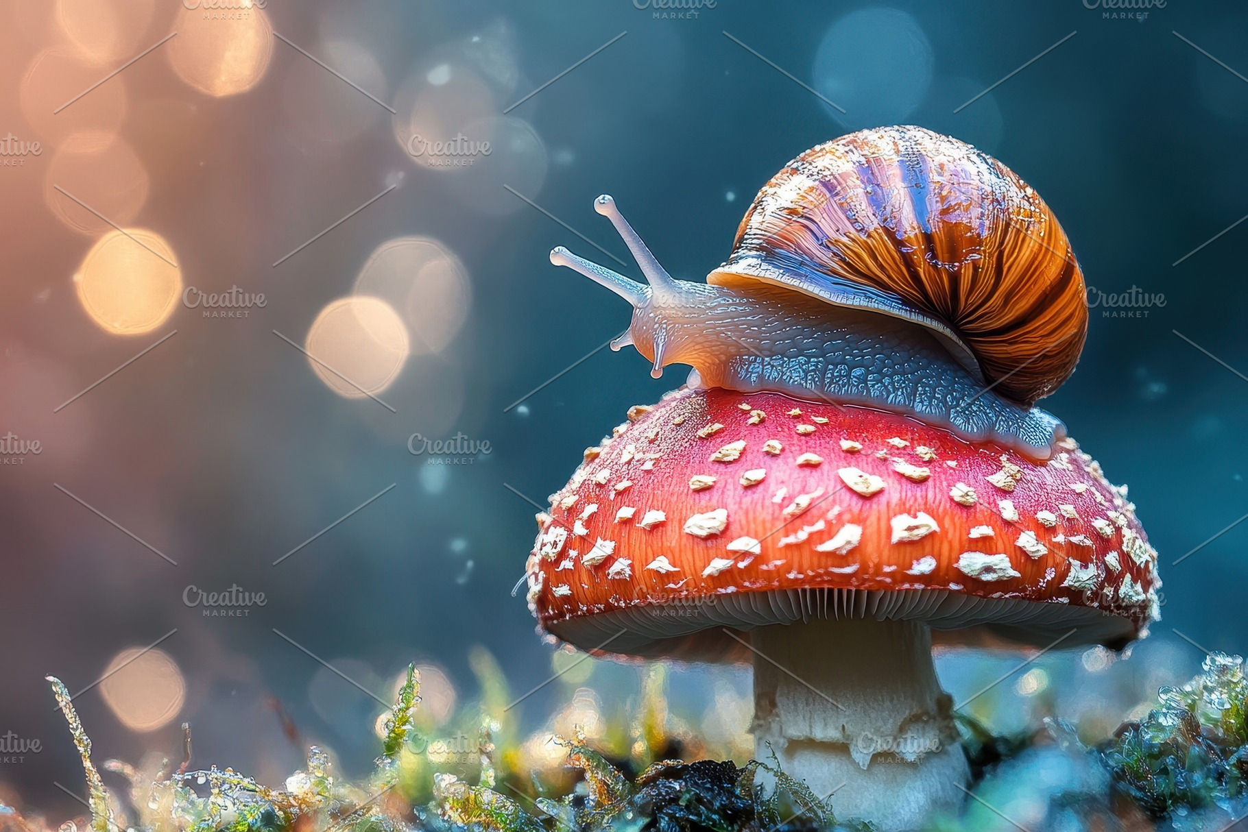 Cute snail rests on a mushroom, a Photo by Pavel_design
