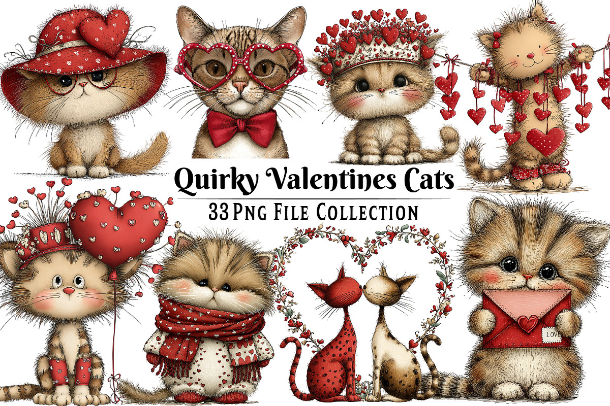 Quirky Valentines Cats Clipart, an Illustration by Dream Creation (Photo 1 of 7)