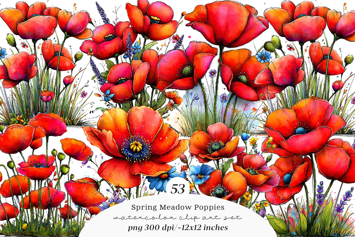 Spring meadow poppies clipart, an Illustration by SinaCreation (Photo 1 of 11)