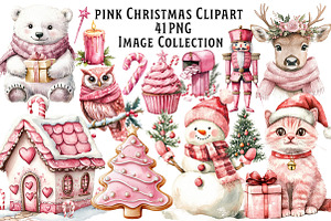 Pink Christmas Watercolor Clipart, an Illustration by Dream Creation