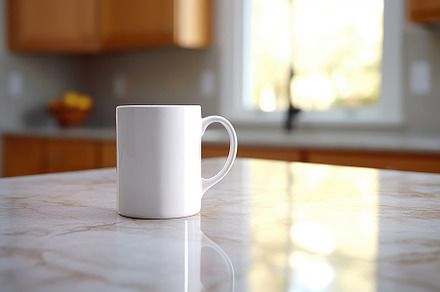 A clean and simple composition of a white coffee mug placed on a, a Food & Drink Photo by designvectx
