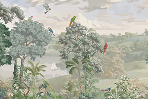 Vintage Scenic Landscape Wallpaper, a Decorative Illustration by Mughal Wallpaper