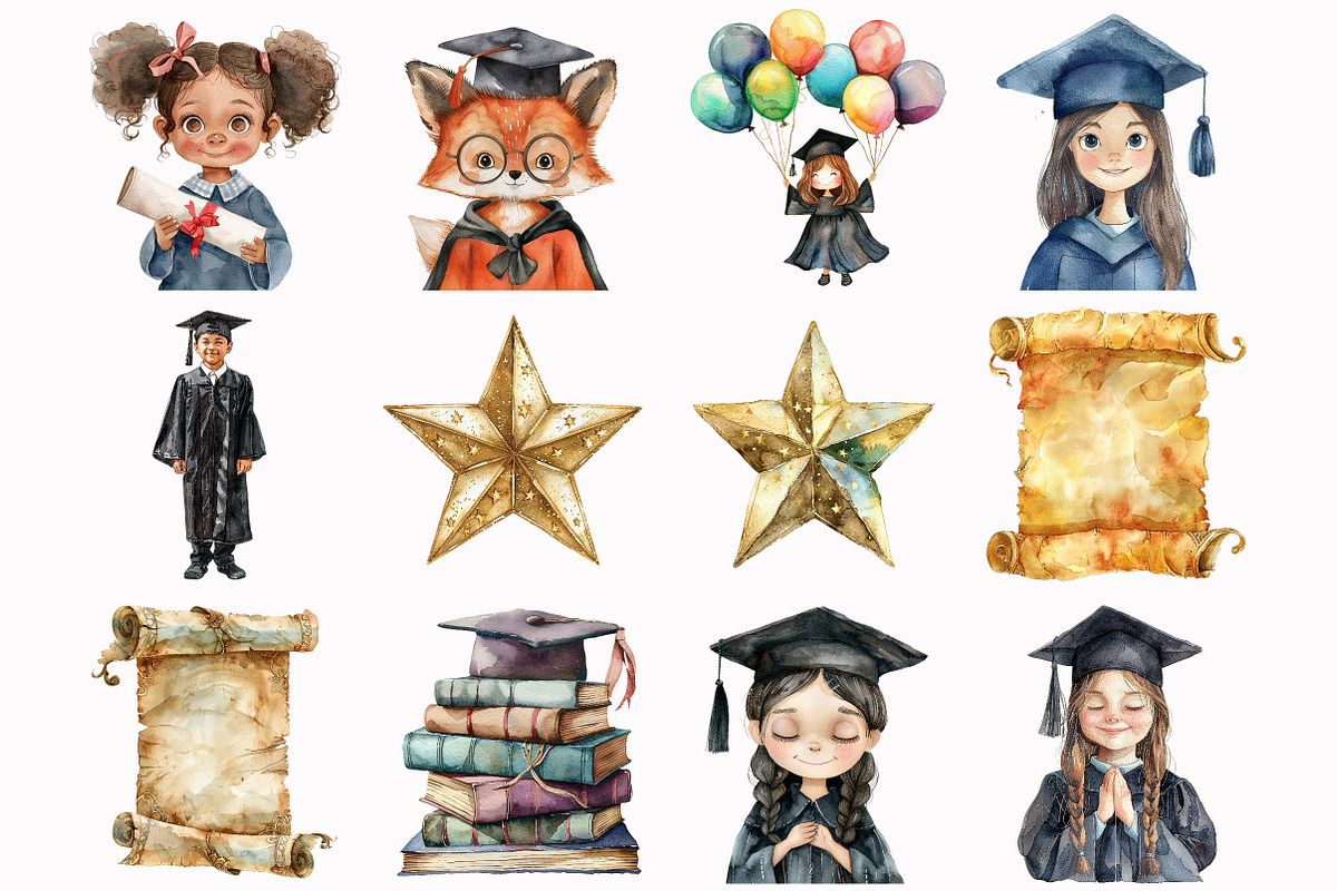 Watercolor Graduation Clipart, an Illustration by Design Market (Photo 2 of 5)