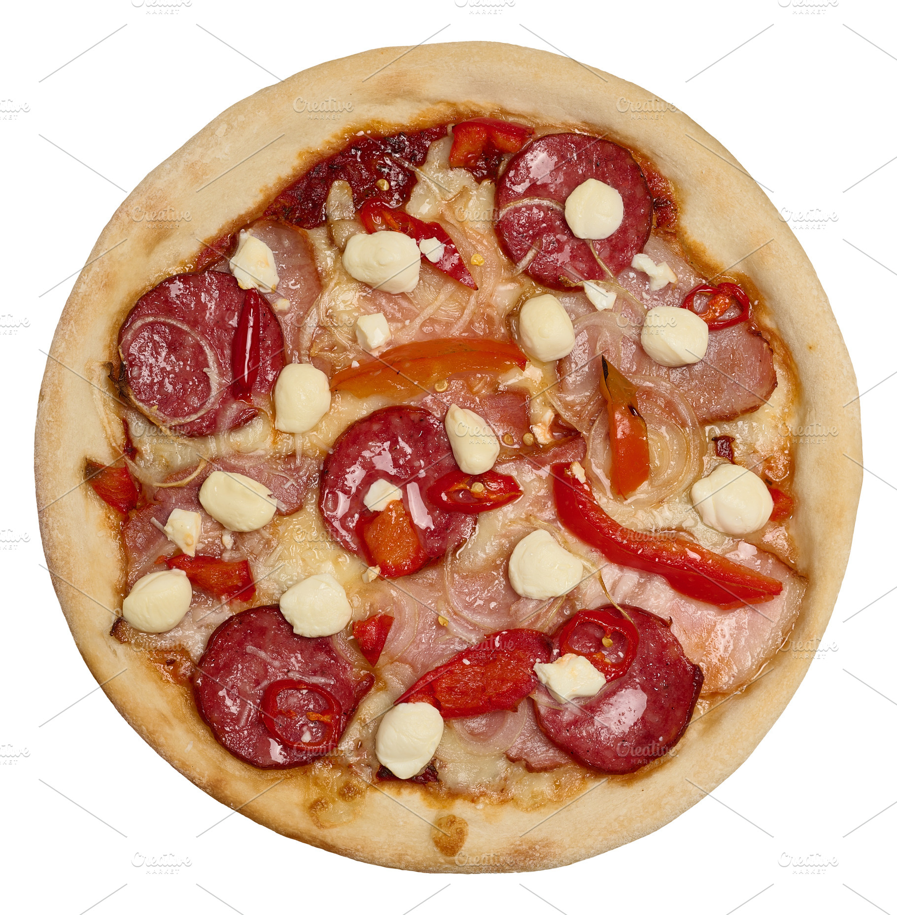 Appetizing pizza with salami sausage, ham and mozzarella cheese, a Food & Drink Photo by ndanko