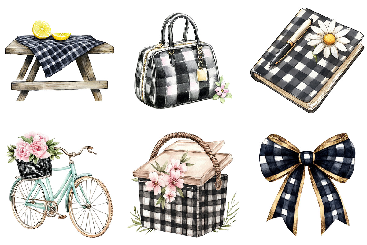 Luxury Black Gingham Summer Clipart, an Illustration by Watercolor design (Photo 4 of 12)