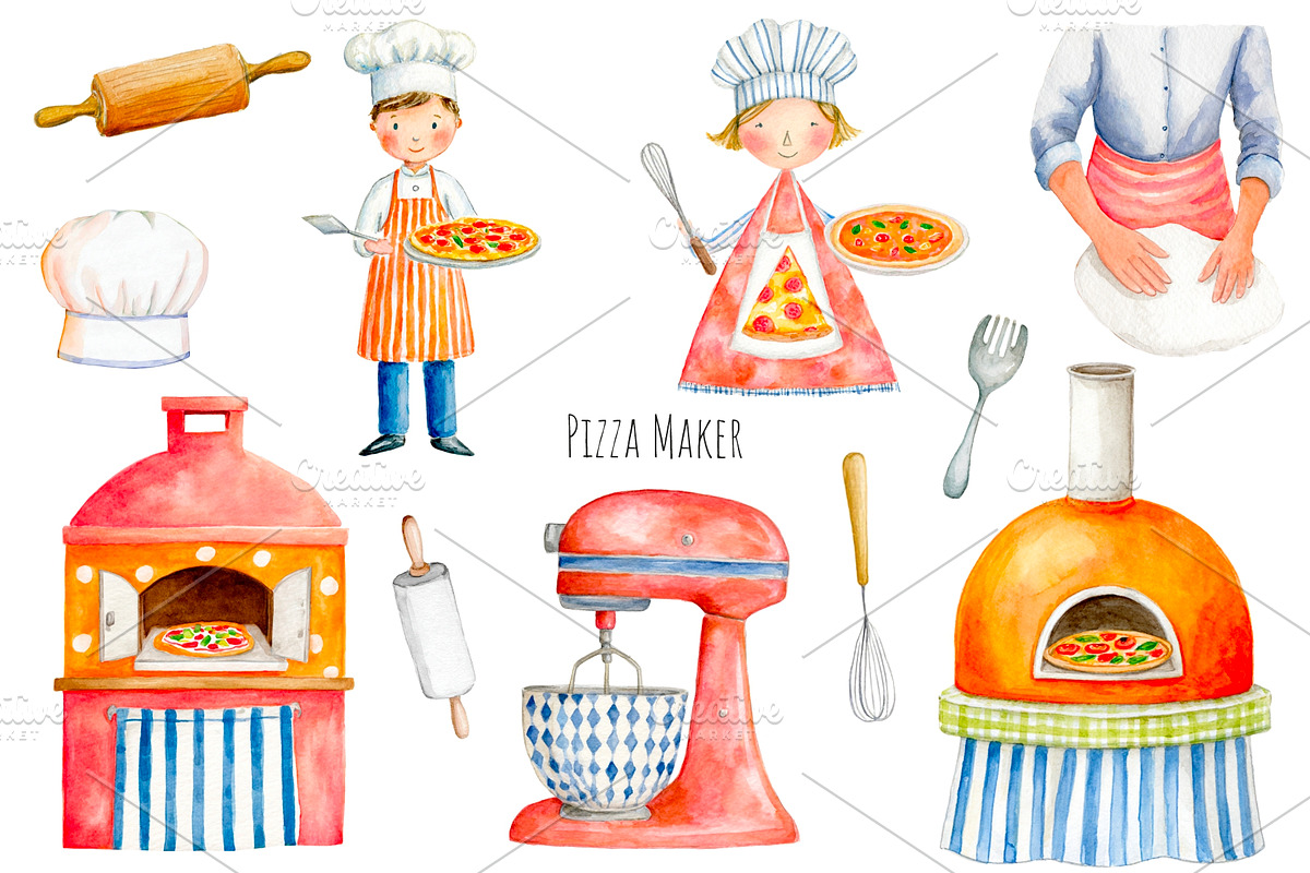 Watercolor Let`s make a pizza set, a Food Illustration by Art and Funny (Photo 4 of 6)
