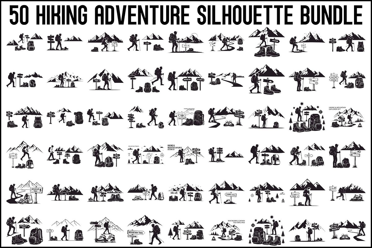 Hiking Adventure Silhouette Bundle, an Illustration by yasushie (Photo 1 of 51)