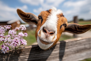 Goat enjoys the sunny day near vibrant flowers in a country farm setting, an Animal Photo by AlyaAnd