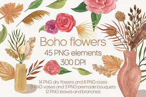 Watercolor Boho Dry Flowers Clipart