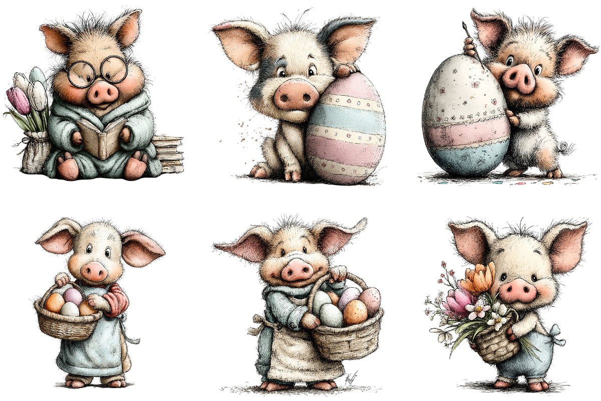 Whimsical Easter Pig Clipart Bundle, an Illustration by Sublimation Artist (Photo 5 of 7)