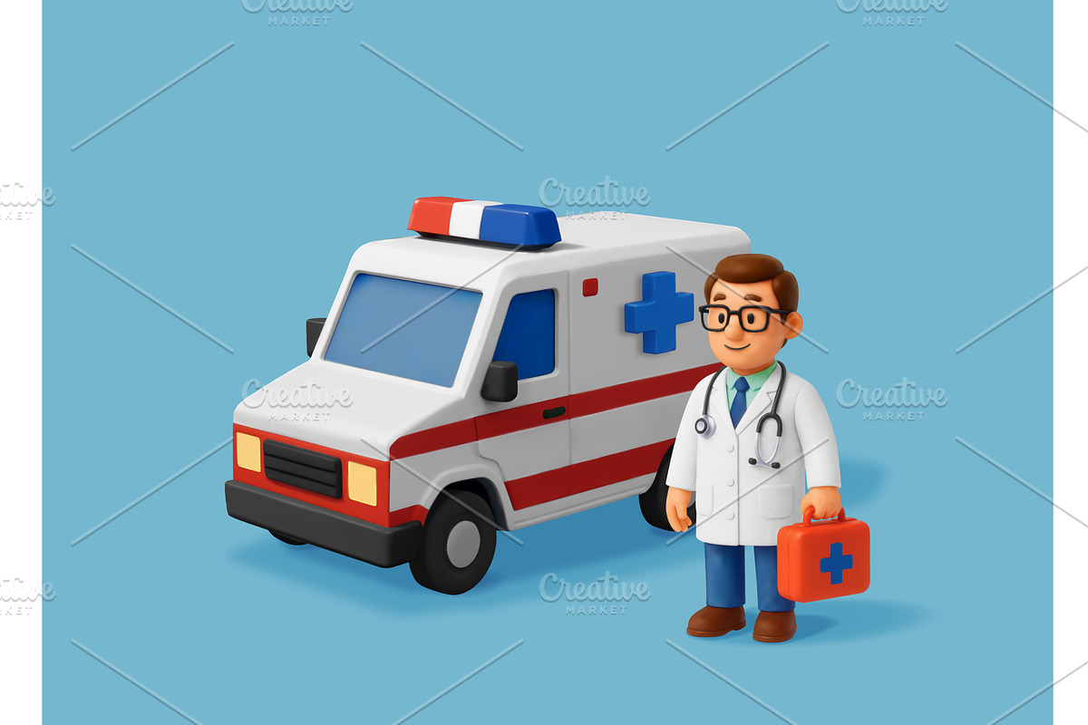 3D doctor with ambulance car, a Healthcare Illustration by Abscent