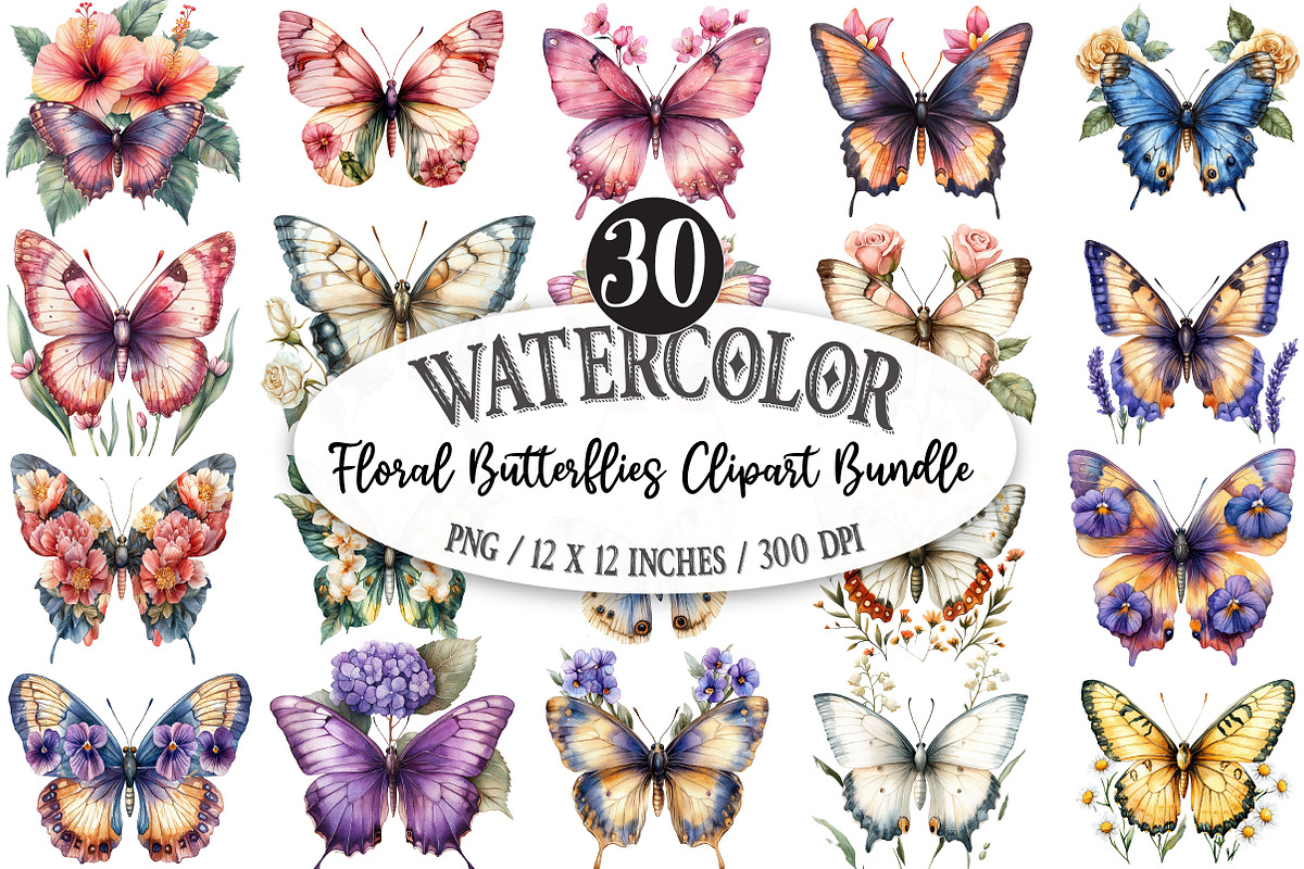 Watercolor Floral Butterflies Clipar, an Illustration by Designking (Photo 1 of 5)