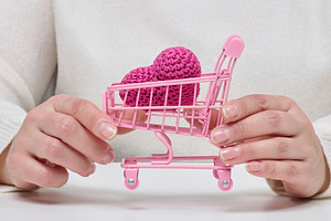 Female hands holding a small pink shopping cart with a knitted p, a Person Photo by ndanko