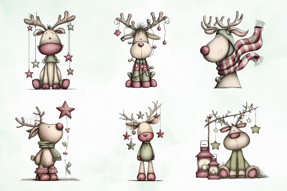Whimsical Christmas Reindeer Clipart, an Illustration by Creative Art (Photo 8 of 13)