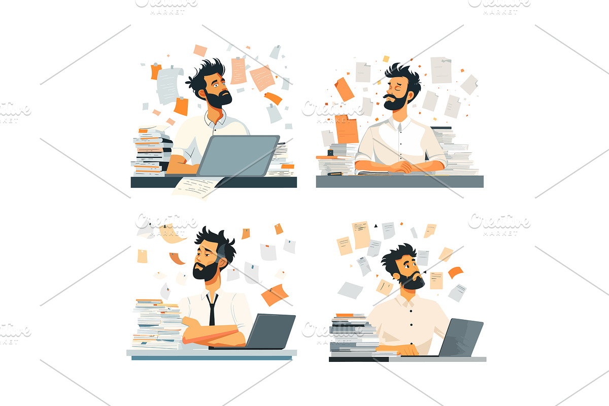 Overworked employee cartoon vector, a Person Illustration by Onyx