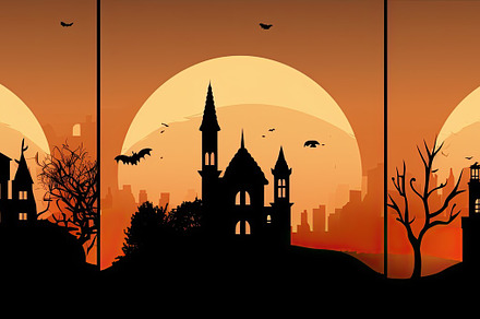 Orange halloween landscape with a haunted castle in the backgrou, a Holiday Photo by José Manuel Gelpi