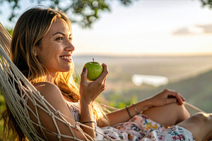 Smiling Woman Holding Green Apple in Hammock, a Photo by Davizro's Market