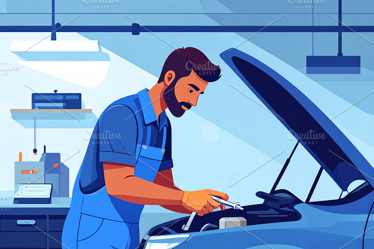 Illustration scene of a single automotive mechanic working insid, a Person Illustration by DanFLCreativo