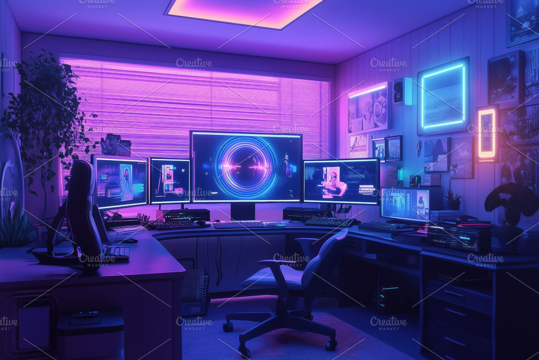 A modern gaming or creative workspace featuring multiple monitors, neon lightin, an Arts & Entertainment Photo by Textures & Backgrounds