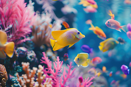 Aquarium with corals, reefs and different fishes swimming in blue water, an Animal Photo by AlyaAnd