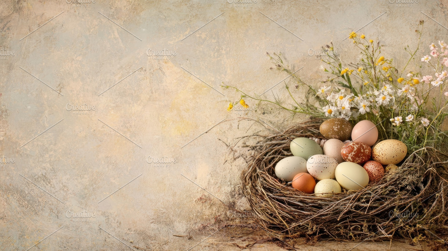 Colorful eggs in a rustic nest, a Photo by Beautiful things