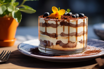 Classic tiramisu in a glass jar in Italian cafe. Traditioanal italian dessert., a Food & Drink Photo by Natalia Klenova's Shop