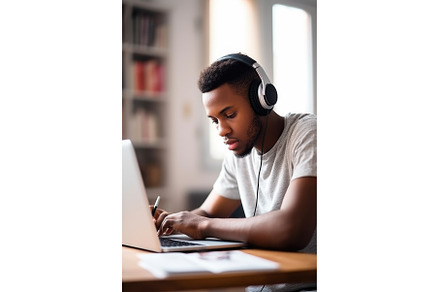 shot of a young man using headphones, a School & Education Photo by Sergey Kotenev