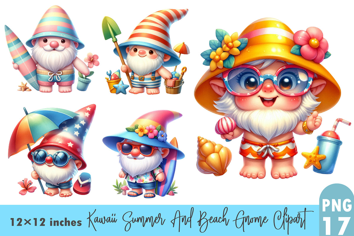 Kawaii Summer & Beach Gnome Clipart., a Graphic by CitraGraphics (Photo 1 of 3)