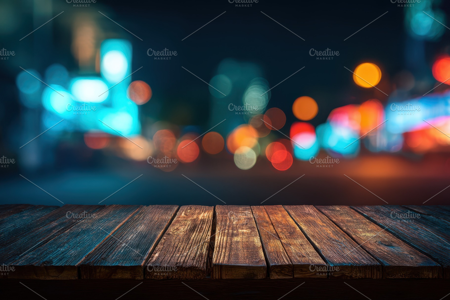 Dark Wooden Table Night City Lights, a Background Photo by Pixeness Studio
