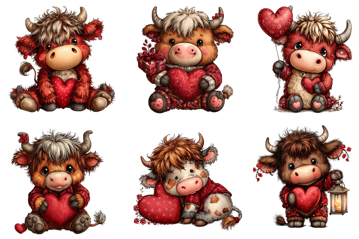 Valentine’s Day Highland Cow Clipart, an Illustration by Dream Creation (Photo 2 of 8)