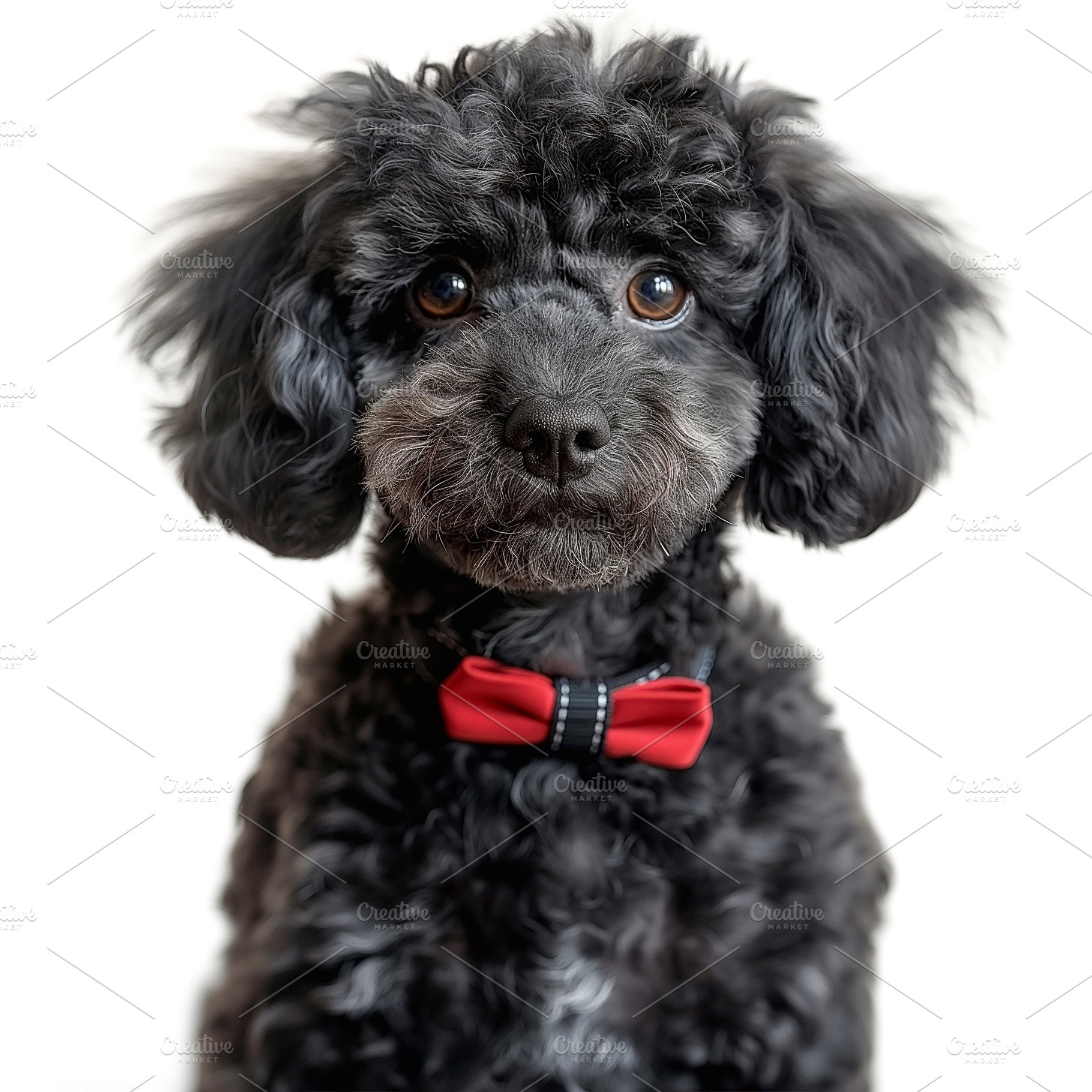 Adorable black poodle with a stylish red bow tie, showcasing a charming express, an Animal Photo by ImageMir