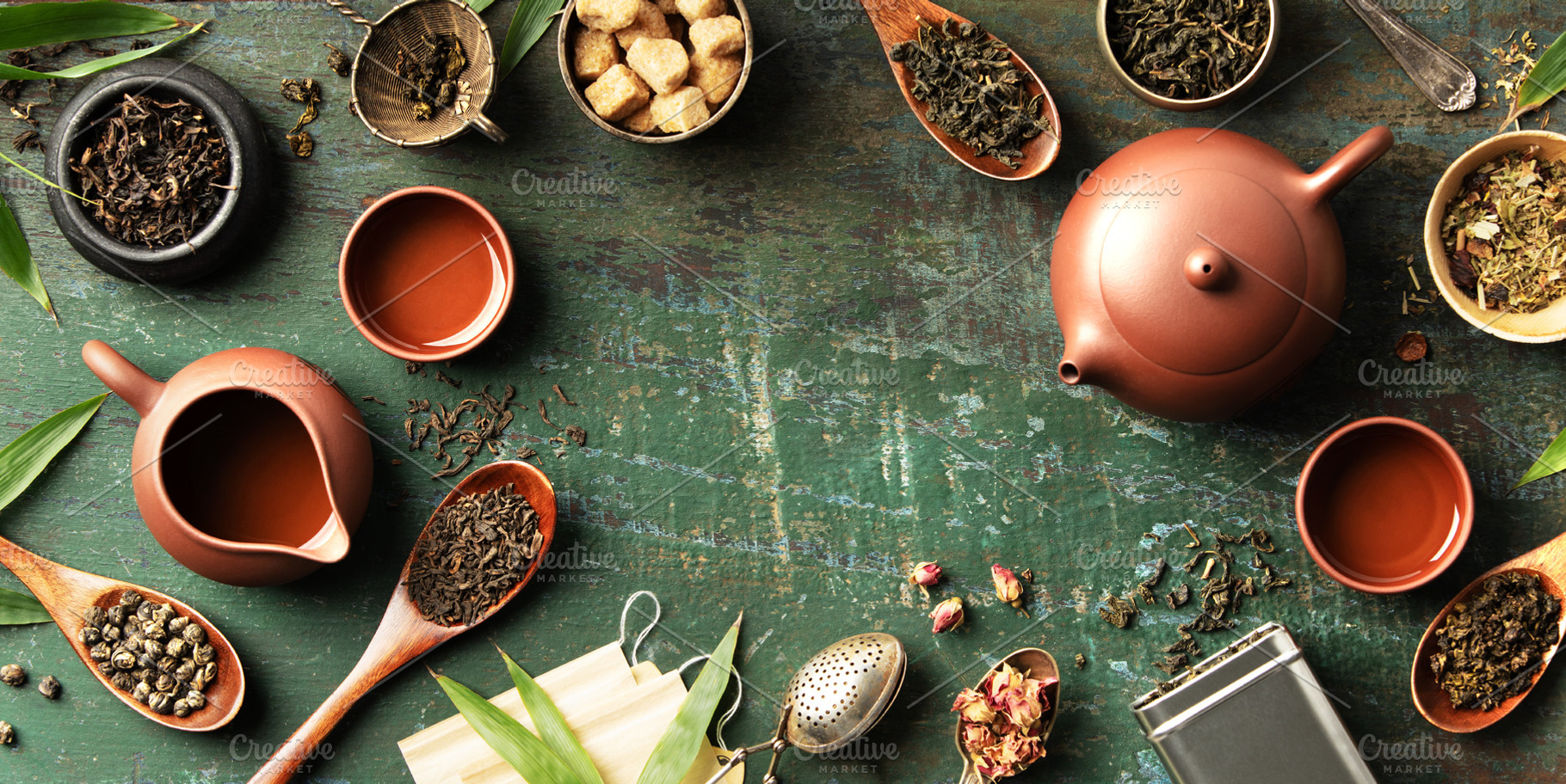 Tea Leaves and Teaware Flat Lay with Rustic Green Background, a Food & Drink Photo by Natalia Klenova's Shop