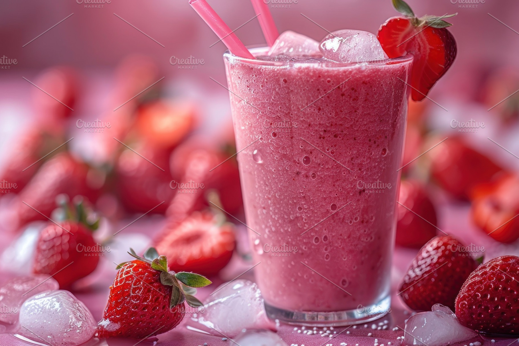 Strawberry smoothie milkshake with fresh berries ice cubes and c, a Food & Drink Photo by José Manuel Gelpi