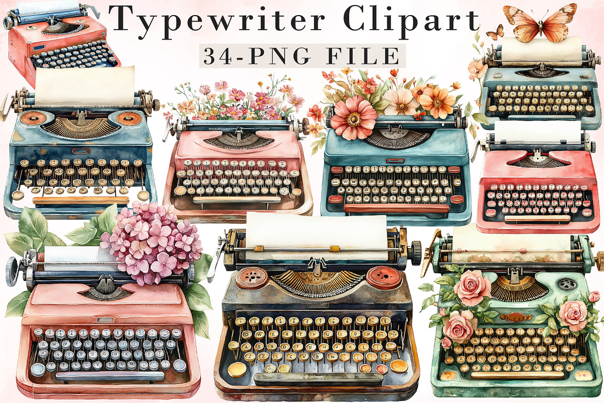 Watercolor Typewriter Clipart, an Illustration by Libby Wishes (Photo 1 of 10)