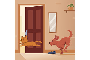 Dog and cat. running and playing, an Animal Illustration by Onyx