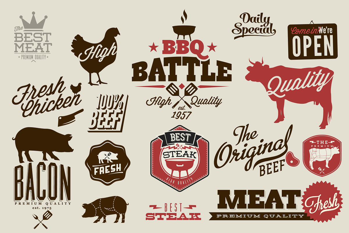 Vintage Barbecue Grill Elements, a Food Illustration by Noka Studio