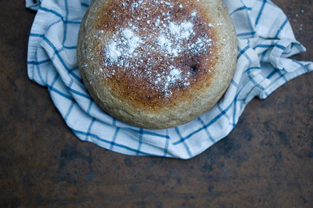 Home cooked round bread, on a dark background. View from above