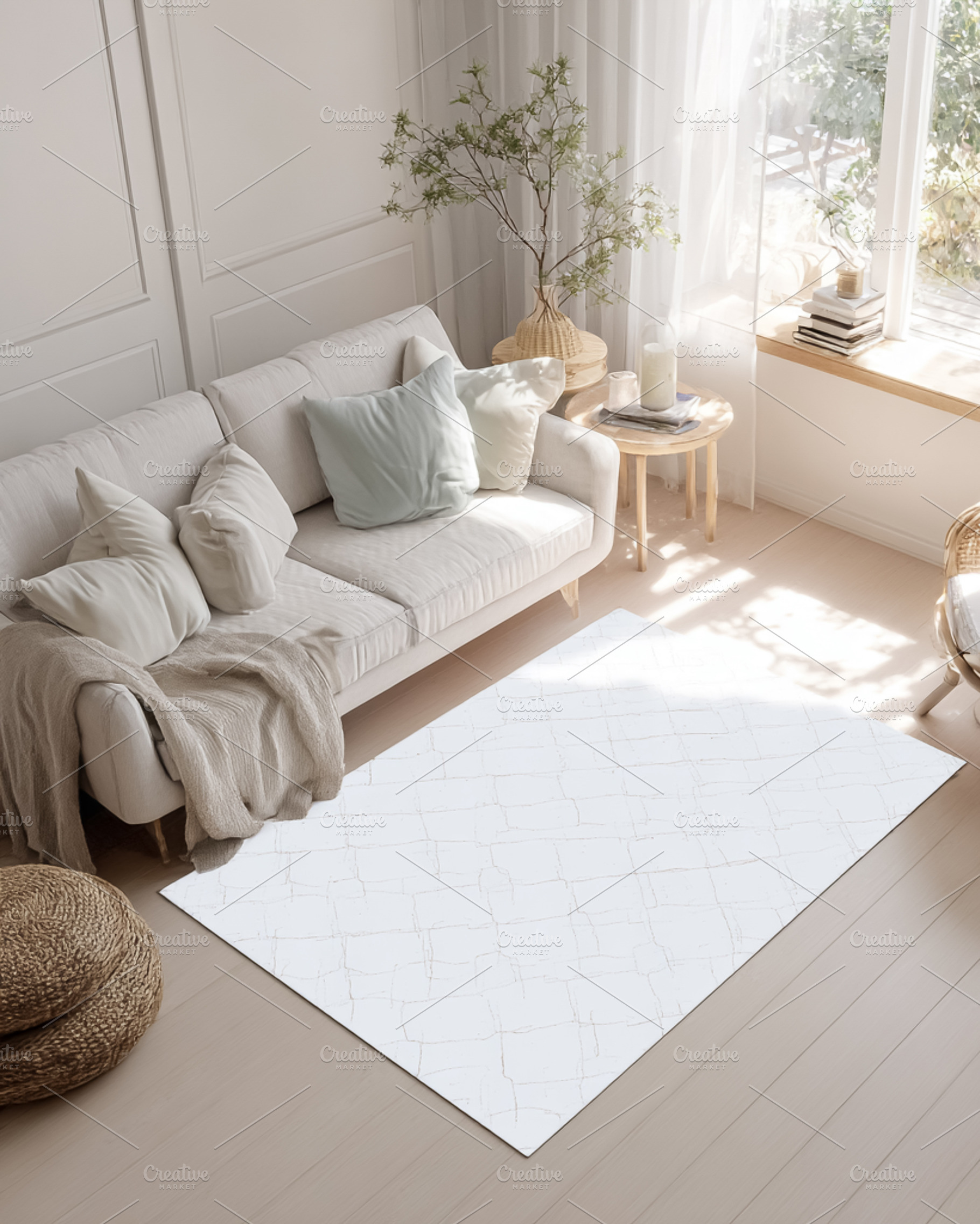 Cozy Scandinavian living room interior with a minimal beige sofa, a Photo by Studio ANNA