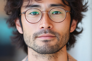Japanologist. Portrait of a man with curly hair and glasses, wearing a stylish, a Person Photo by Textures & Backgrounds
